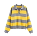 Détail du polo en tricot à rayures jaunes et grises avec poignets et col côtelés - S / Rayures Gris Jaune