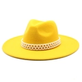 Detail of a bright yellow wide-brim wool fedora hat with a triple-row pearl decorative band - M (56-58cm) / Yellow