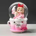 Rotating girl crystal ball music box with cute rabbit and pink mug base decor - -029 Pink Base / Medium 80mm Light + Music