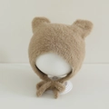 Detail of baby plush earflap hat with cute bear ears and soft chin straps in light brown - 10 Months - 2 Years / Khaki