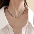 Elegant grey baroque pearl necklace featuring a minimalist golden toggle clasp closure - Grey Baroque Pearl T-buckle Style (X-c-008)