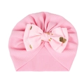 Pink waffle knit baby turban hat with double-layered gold metallic polka dot bow - Pink (Bubble Texture Gold Polka Dots)