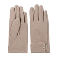 Detail showing conductive touch screen fingertips and button decor on khaki fleece gloves - Khaki