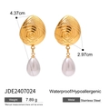 Golden shell textured pearl drop earrings in stainless steel with size measurements - Gold Shell Pearl Drop Style (JDE2407024)