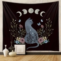Detail of bohemian cat tapestry featuring lunar phases and floral patterns on wall - GT715-1 Starry Blue Cat