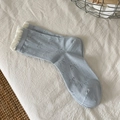 Light blue mid-calf cotton socks featuring white lace trim and cute embroidered bows - One Size / Blue