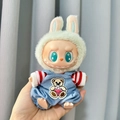 Labubu doll in green bunny hood and blue denim overalls with bear embroidery badge - Little Bear Red Navy Two-piece Set / First And Second Generation Keychains Are Compatible With La Cloth Dolls. Dolls Not Included.