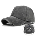 Berretto da baseball in denim grigio scuro lavato con apertura incrociata per coda di cavallo - Foro per Coda di Cavallo Lavato Consumato / Nero Lavato