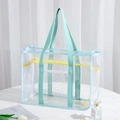 Mint green PVC beach tote bag with star pattern and transparent mesh details - Light Green