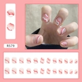 Close-up of R579 press-on nails with pink, white, and red wavy patterns in a 24-piece set - R579 Simple Lines