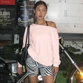 Close-up of pink off-shoulder long-sleeve crop top with zebra print tight shorts - S / Pink