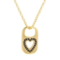 Vintage gold heart lock necklace with micro-paved black zircon stones on a white background - Gold-Black Zircon