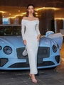 Robe de soirée élégante blanche à épaules dénudées avec détails plissés brillants - Blanc
