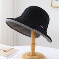 Detail of a black sun hat with gray plaid lining displayed on a wooden stand - M (56-58cm) / Black (Gray Check Lining)
