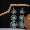 Bohemian vintage silver earrings with green turquoise stones on natural wood branch - E5774-22/Antique Silver Triple Ring Turquoise