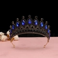 Tiara barroca negra vintage con gemas de gota azul oscuro y cristales negros brillantes - Oro antiguo Azul real