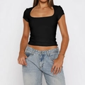 Slim fit black Y2K short sleeve t-shirt with elegant square neckline for women - XS / Black