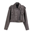 Detail of vintage grey faux leather biker jacket with silver zippers and waist belt - XS / Faded Grey