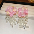 Pink and yellow mesh flower earrings with white pearl tassels and silver needle posts - Pink Flower