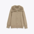 Chic camel knit jacket for women featuring a faux fur collar and full zip closure - S / Khaki