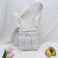 Floral tulle crossbody bag with white lace layers and a blue pink ribbon bow detail - Yellow