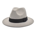 Detail of grey wool fedora hat featuring a classic black grosgrain ribbon band decoration - M (56-58cm) / Light Gray