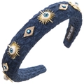 Close-up of handmade denim headband with golden evil eye charms and sparkling rhinestones - Denim Dark Blue