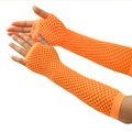 Close-up of bright orange long fishnet fingerless gloves with elastic mesh texture - One Size / Orange