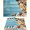 Set of 4 blue ocean style beach placemats with seashells and starfish on wood grain - Blue Nautical