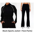 Women's black 2-piece yoga set with zip jacket and flared leggings plus white side stripes - S / Black (Sport Jacket + Flare Pants)