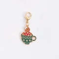Christmas gingerbread man in green teacup enamel charm with golden lobster clasp - Tea Cup