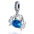 Macro detail of silver crab charm bead with blue gemstone and clear crystals - Crab Pendant Charm