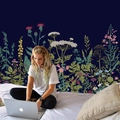 Navy blue tapestry with colorful floral doodle prints for bedroom wall decoration - Dark Blue Art Floral