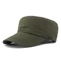 Men's military style flat top cap in army green featuring sports letter embroidery - Adjustable / Army Green
