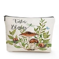 Detailed view of linen makeup bag with watercolor mushroom, butterfly, and snail prints - Easter Blessing Mushroom