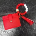Red leather card holder keychain set with silicone beaded bracelet and tassel - Red