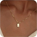 Minimalist gold square pendant necklace with engraved letter T on box chain - Box Chain/Letter T / Gold-T