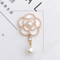 Vintage gold camellia flower charm with white pearls and rhinestone drop pendant - Enamel Camellia White