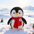 Plush penguin toy with a red snowflake scarf against a snowy polar ice background - Red Christmas Snowflake Scarf Style / 20cm