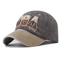 Detail of USA 3D embroidery on washed cotton charcoal baseball cap with khaki brim - Adjustable / Coffee