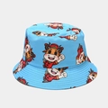 Close-up of light blue bucket hat featuring all-over Chinese zodiac ox patterns - M (56-58cm) / Blue Bull Head Pattern Reversible