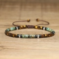 Adjustable woven bracelet with tiger eye stones and turquoise cylinder beads on wood - No.72 Tiger Eye & African Turquoise Silver