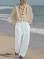 Heren casual linnen set met beige shirt met capuchon en witte broek voor strand - S / Khaki + Wit