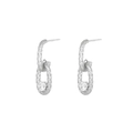 Silver geometric stainless steel drop earrings with textured finish and cubic zirconia - Diamond Pattern Double Hoop (E303245) - Steel White