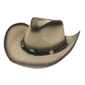 Bohemian western cowboy straw hat with turquoise bead band and tassels on white backdrop - Beige Black (Ethnic Style)