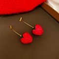 Detail of red strawberry long drop earrings with pavé rhinestones and gold hooks - 18# Red - Rhinestone Strawberry (Silver Earring Post)