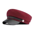 Vintage burgundy wool baker boy hat with black faux leather brim and metallic button detail - Burgundy