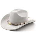 Detail of grey suede cowboy hat featuring tribal beads and genuine shell band decoration - Light Gray