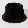 Detailed view of the dense black faux fur texture on a warm winter bucket hat - One Size / Black
