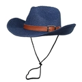 Detail of navy straw cowboy hat with brown leather band and adjustable chin strap - M (56-58cm) / Navy Blue